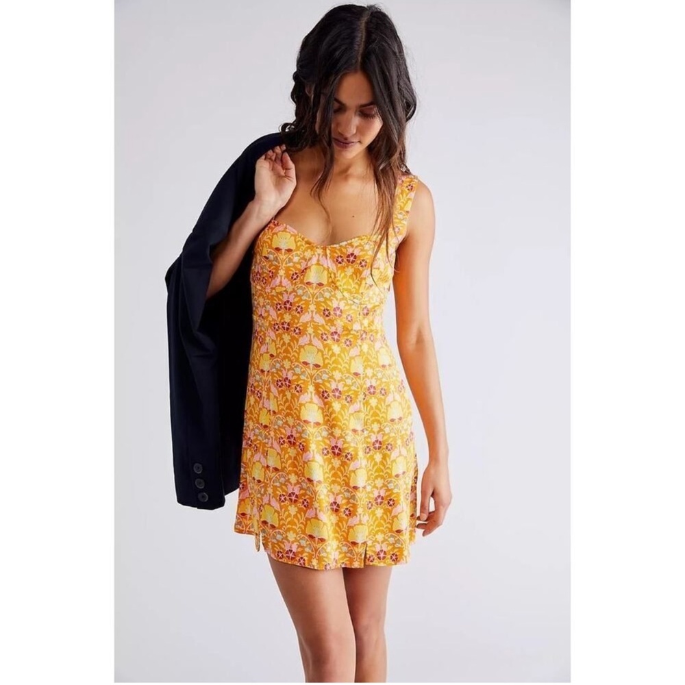 Free people Floral Yellow mini dress sweetheart neckline orange printed flowers